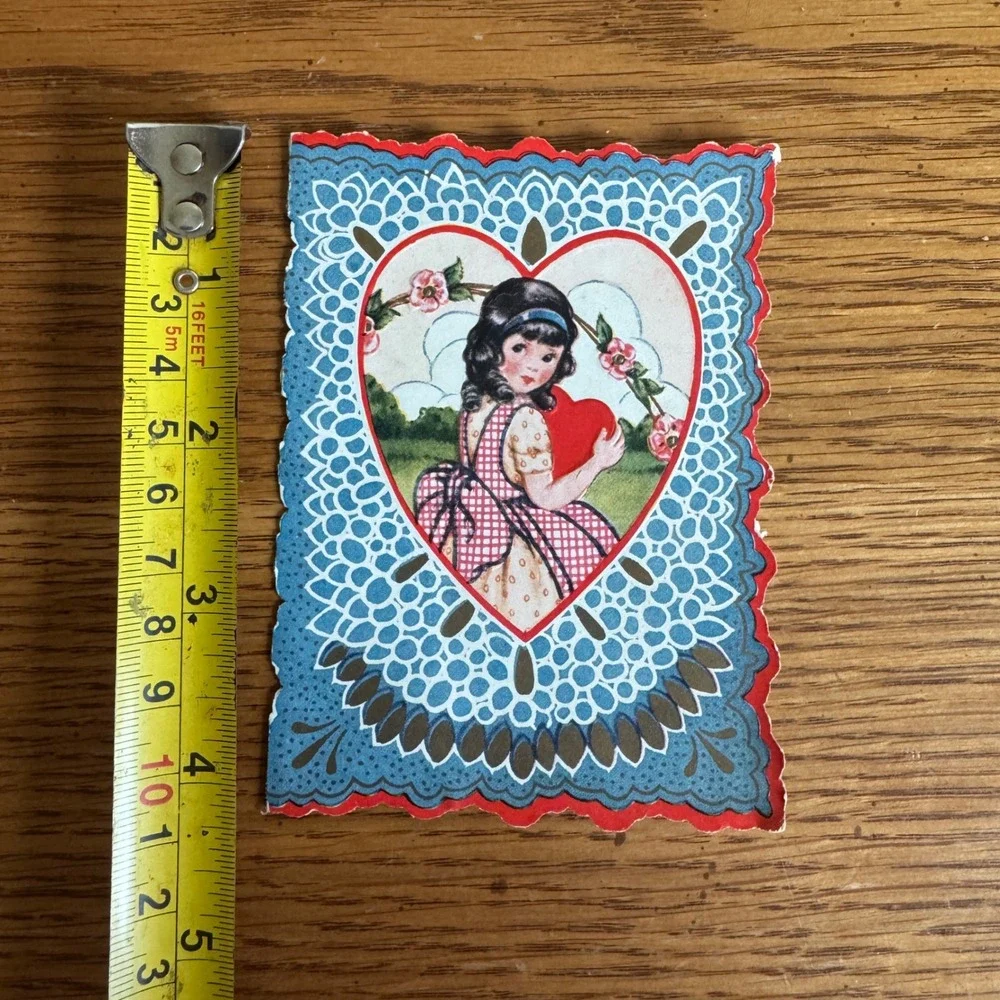 Vintage Valentine Card Girl Holding Heart Embossed Whitman Made Worcester MA USA